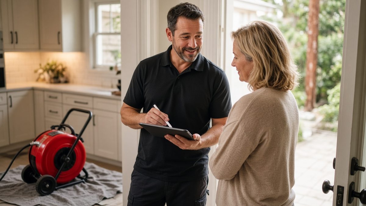 Drain technician going over the price on a tablet with a homeowner before starting