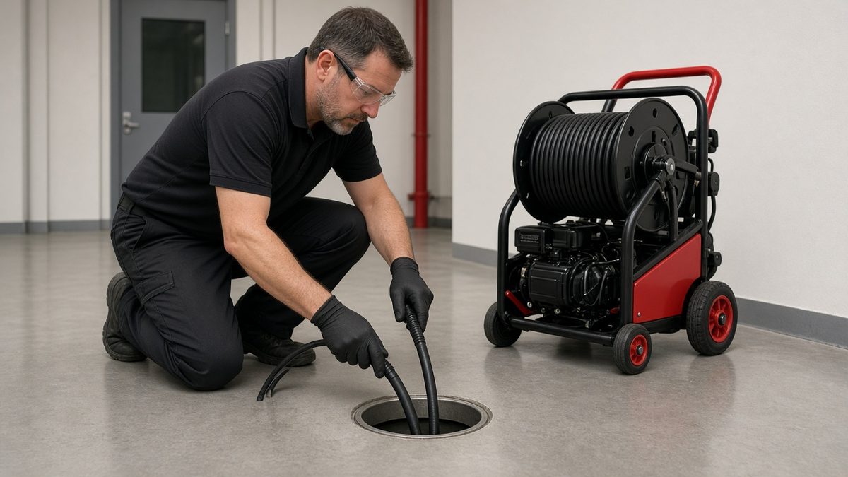 Technician feeding a high-pressure jetter hose into a floor drain